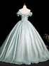 Green Satin Off Shoulder A-line Floor Length Party Dress, Green Satin Off Shoulder Prom Dress